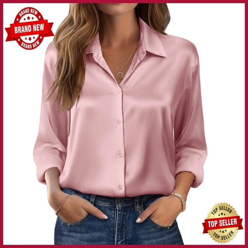 Long Sleeve Satin Button Down Blouse - Business Casual Fall Top
